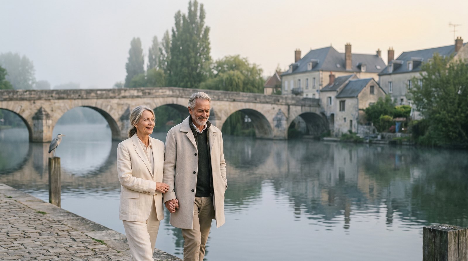 Le pont de pierre et les quais de l'Oise à Pont-Sainte-Maxence au petit matin
